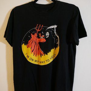 I'M ON MY WAY TO HELL SATAN & REAPER PARTY MEDIUM BLACK COTTON T SHIRT